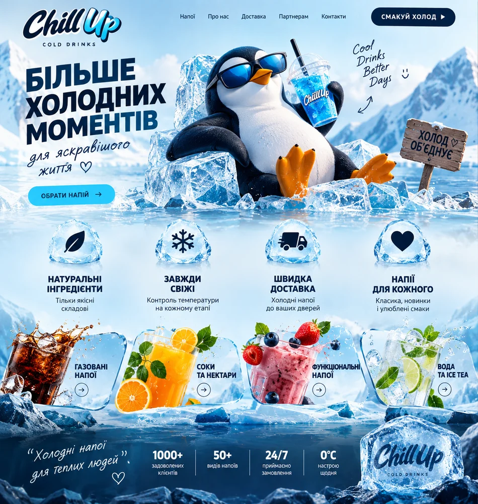 Фірмова айдентика Chill Up з пінгвіном у синіх окулярах